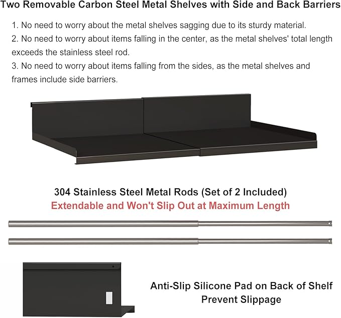 Expandable Under Cabinet Shelf Organizer with 0.94-Inch Thick Clips, Heavy Duty Extendable Under Shelf Storage Basket for Pantry or Laundry Room, Black, 2 Pack, Interior: 5.7" H x 8.54" D