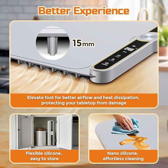 Warming Mat for Food, 24"x15" Food Warmer with 9-Temperature Adjustable, 1-6H Timer Electric Warming Tray Heat 6 Dishes, Child Lock, 8s Fast Heating, Foldable Food-Grade Silicone
