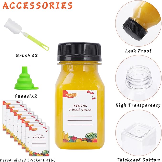 Plastic Juice Bottles 150 pcs 4 oz Empty Plastic Water Bottles with Caps Reusable Clear Beverage Containers for Drinking, Juicing, Smoothie, Water with 2 Brushes, 2 Funnels, 160 Stickers (4 OZ)