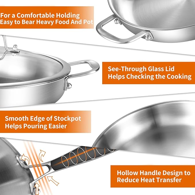 DELARLO Tri-Ply Stainless Steel Pan with Lid 12inch丨Compatible with All Cooktops Up to 600℉丨Stainless Steel Skillet 12 inch丨Heavy Duty丨Frying Pan with Lid丨18/10 Large Cooking Surface