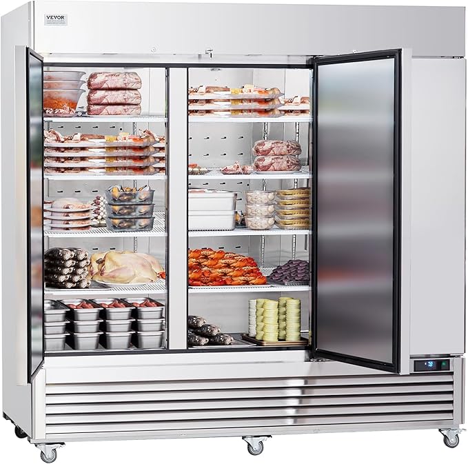 VEVOR Commercial Freezer 60.42 Cu.ft, Reach In 82.5" W Upright Freezer 3 Doors, Auto-Defrost Stainless Steel Reach-in Freezer with 12 Adjustable Shelves, -13 to 5℉ Temp Control, LED Lighting, 4 Wheels