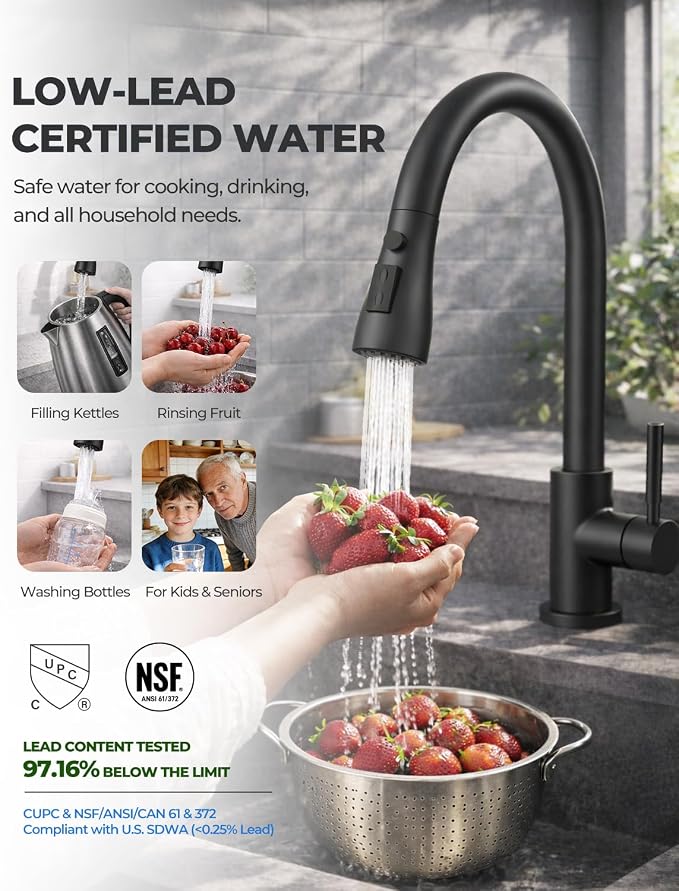 WEWE Pull-Down Kitchen Faucet, 3-Mode Sprayer, Matte Black | 360° Swivel - Image 4
