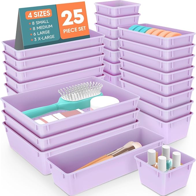 SpaceHacks 25 PCS Plastic Drawer Organizer, 4-Size Versatile Organizer Trays & by SpaceHacks