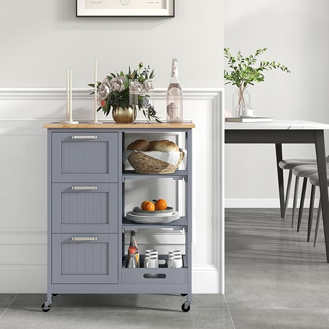 Giantex Kitchen Island Cart on Wheels, Rolling Utility Cart w/Rubber Wood Top, 3 Storage Drawers & 2 Removable Shelves & Removable Tray, Lockable Casters, Serving Cart for Dining Room, Bar, Grey