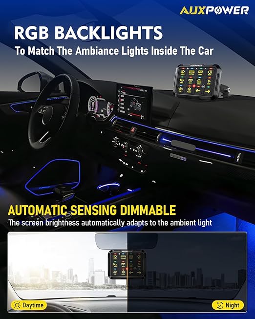 Auxpower 12 Gang Switch Panel Wireless B412 RGB Switch Panel with Remote Control Toggle Momentary Pulsed Function Automatic Dimmable Multifunction Switches for Truck Car Marine Offroad