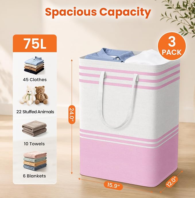 TranquilRelax 3-Pack Laundry Basket, Laundry Hamper, Collapsible Tall Clothes - Image 2