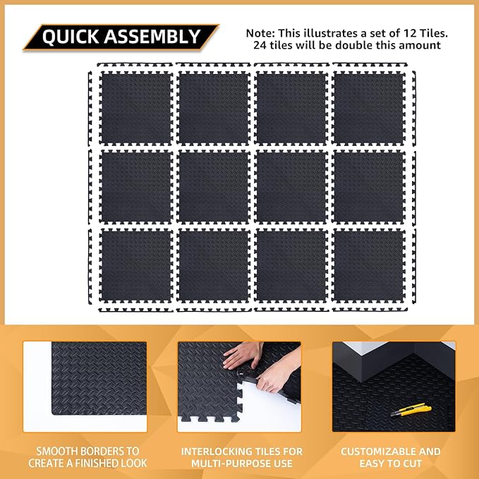 24 Pack, 96 SQFT - 24" x 24" - 1/2" Extra Thick Floor Exercise Mat for Home Gym or Floor Padding - High-Density EVA Interlocking Foam Floor Tiles for Gym Equipment, Play Area | Yoga, Cardio, Weights