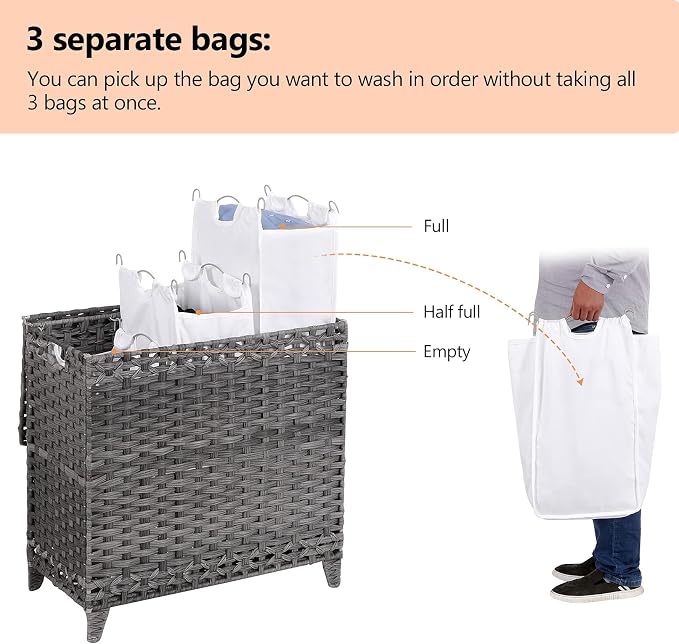 Laundry Hamper with 3 Removable Liner Bags, 132L Laundry Sorter with Lid - Image 3