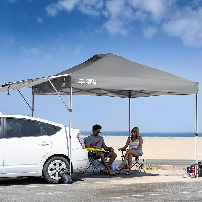 CROWN SHADES 10x10 Pop up Canopy Tent, Instant Commercial Canopy with Extend Awning, Patended Centerlock, 150D Silver Coated Fabric, 4 Ropes, 8 Stakes, 4 Weight Bags, STO 'N Go Bag, Grey
