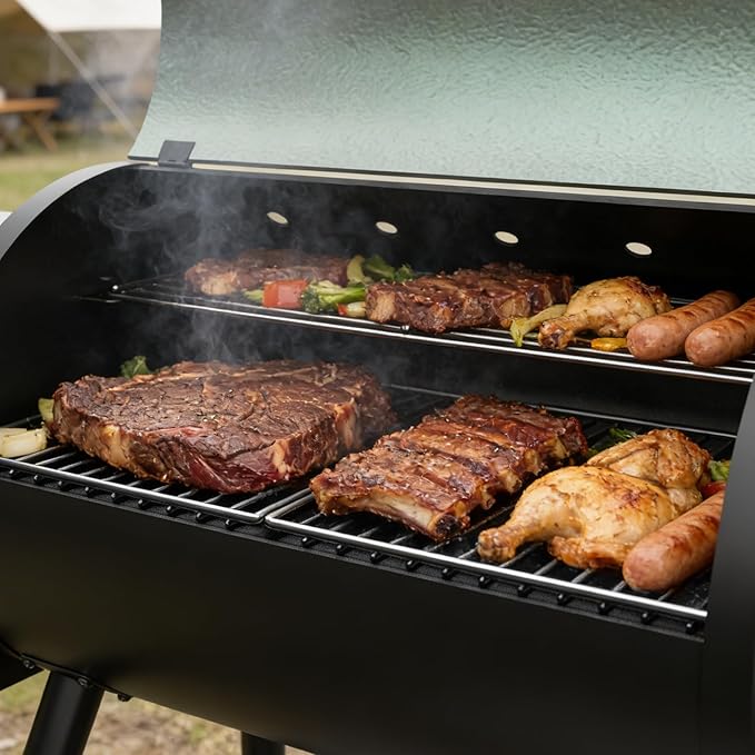 Electric Wood Pellet Smoker Grill 8 In 1 BBQ Grills for Outdoor Grill with Auto Feed & PID Temperature Control (180-450°F) and Rain Cover 456 Sq.In Cook Area for Backyard New House Gifts
