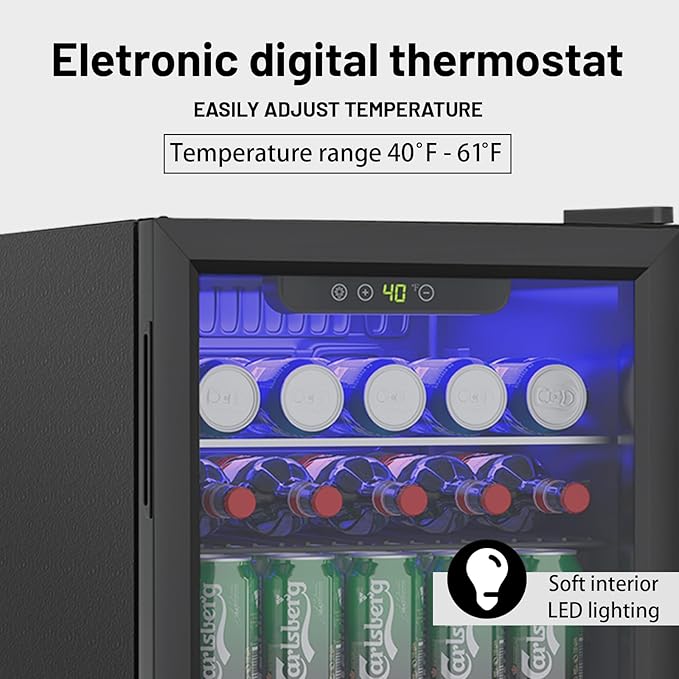 2.6 Cu.ft Beverage Refrigerator Cooler, 95 Can Mini Fridge with Glass Reversible Door, Digital Temperature Display for Soda, Beer or Wine For Office or Bar with Adjustable Removable Shelves