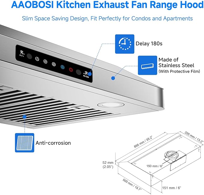 AAOBOSI Range Hood 36 inch Under Cabinet, 800-CFM Gesture Sensing/Touch Control,3 Speed Range Hood with LED Lights Exhaust Fan, Stainless Steel Kitchen Vent Hood