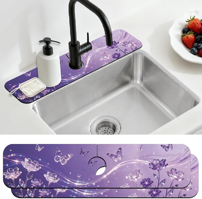 2 Pcs Kitchen Sink Splash Guard Faucet Mat Purple Dream Butterfly Pattern by CONCHLERY%E6%97%97%E8%88%B0%E5%BA%97