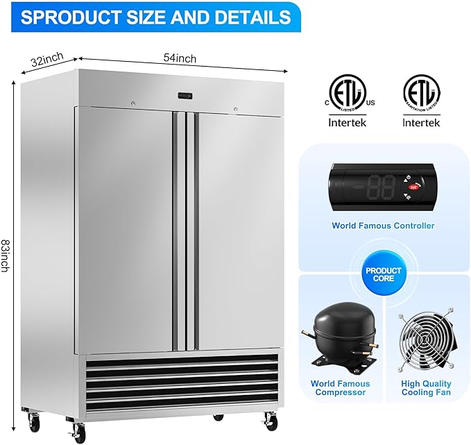 54" W Commercial Refrigerator, 46 Cu.ft Stainless Steel Reach-in Upright Fridge with 2 Solid Door and 3 Adjustable Shelves for Restaurant, Bar, Shop, ETL Approved
