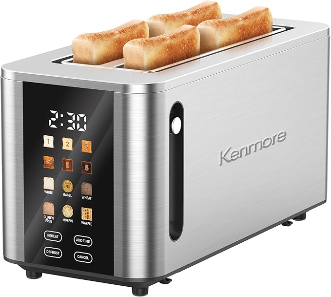 Kenmore 4-Slice Long Slot Toaster - Color Touch Screen & 6 Shade Settings, Extra Wide Slots, Digital Timer, Customizable Smart Presets, Reheat, Defrost, Add Time Functions, Stainless Steel