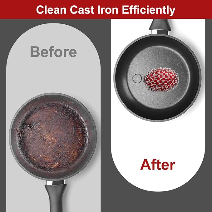 Cast Iron Scrubber Cleaner, Rugby Shape Scrubber Chain Mail with Silicone Core, Cast Iron Skillet Cleaner Cleaning Care Kit Perfect for Cast Iron Cookware,Skillet,Woks - Red