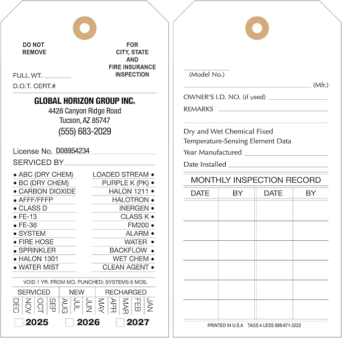 Tags 4 Less Custom Fire Extinguisher Tags – Preventative Maintenance Labels for Monthly Inspections, Alternative to Safety Sticker for Easy Record-Keeping – Pack of 100 (White, Cardboard)
