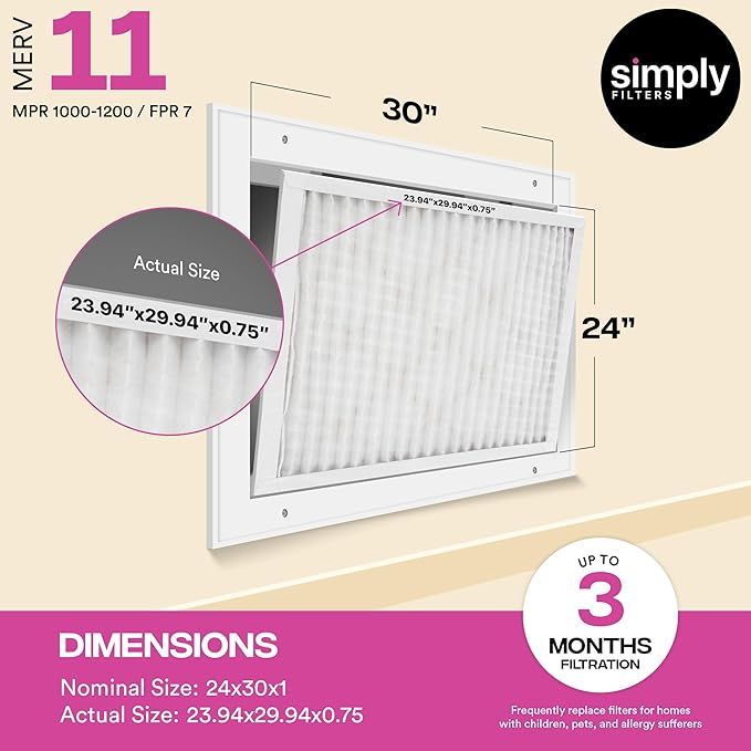 Simply 24x30x1 Air Filter, MERV 11, 6 Pack, For Home AC Furnace & HVAC (Actual Size: 23.94"x29.94"x0.75") DUST, Pet, & Allergy Control