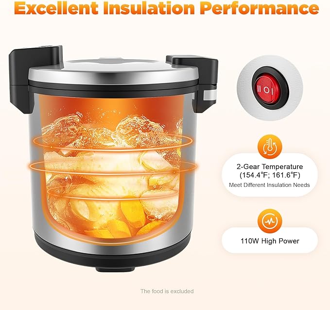 120 Cup Commercial Rice Warmer (Not Cooker), 24.3 QT Big Rice Warmer, Food Soup Sushi Warmers, Constant Temp. 154°F and 161°F, 110W, Non-Stick Inner Pot