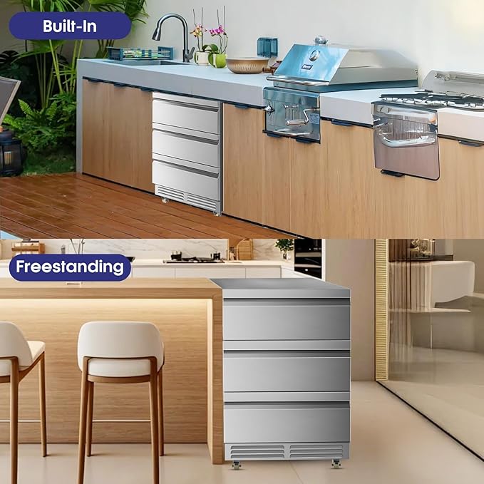 Tylza 3 Drawers Beverage Refrigerator, 190 Cans 24'' Beverage Fridge with Wheels, Outdoor Waterproof, All Stainless Steel Body, Undercounter or Freestanding, Drink Fridge for Home, Patio & Commercial