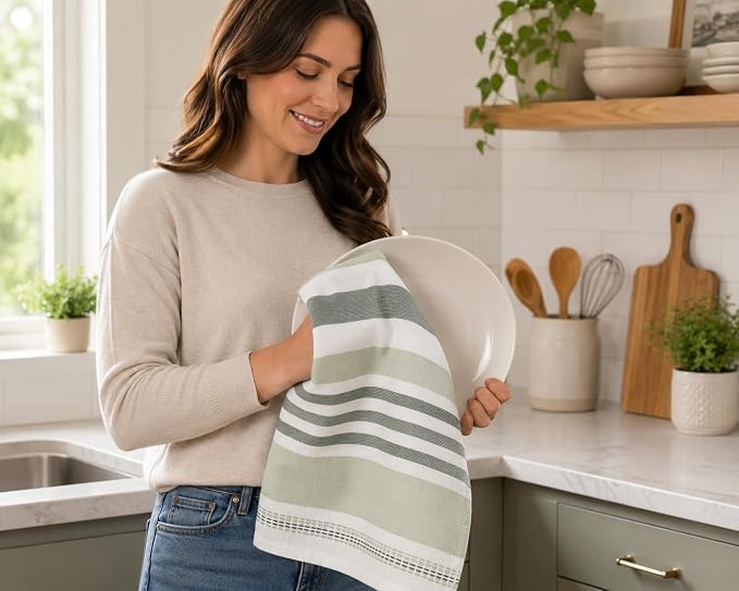 Serafina Home Green White Kitchen Hand Dish Towels: Oversized 28" x 16" - Image 5