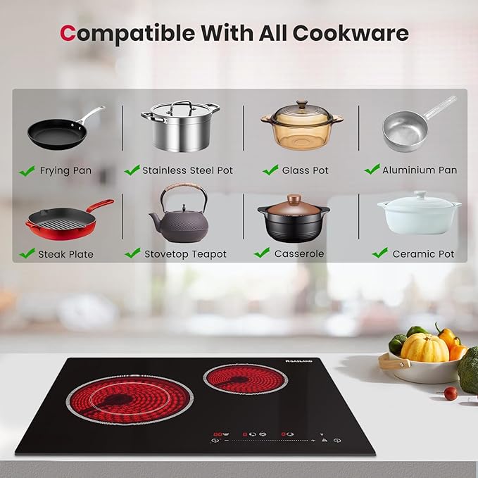 GASLAND 21 Inch Electric Cooktop for Apartment, ETL Certificated 2 Burners, 3700W Built-in Radiant Stove Top With 16 Power Levels, 240V Ceramic Stovetop, Slide Touch Control