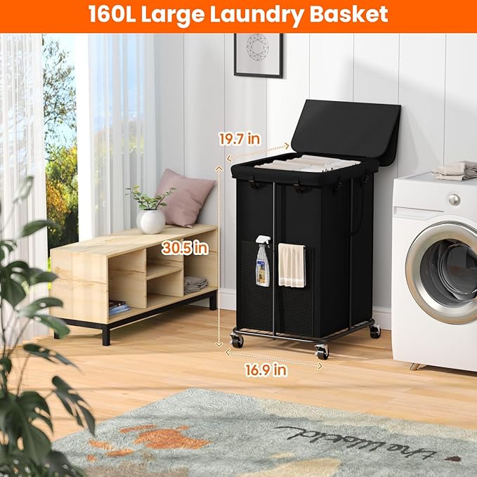 160L Laundry Hamper with Lid & Wheels, Rolling Laundry Basket with Bag - Image 2