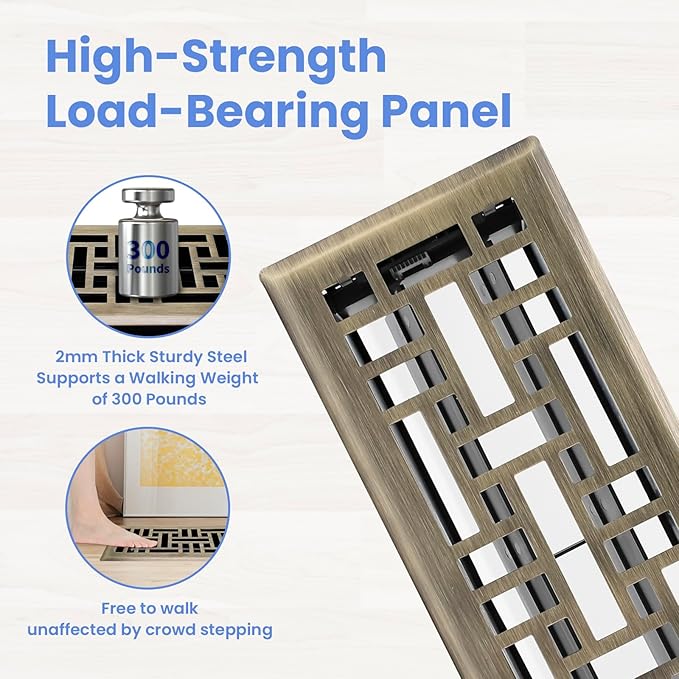 4x12 Inches 4 Pack Heavy Duty Walkable Floor Register - Easy Adjust Air Supply Lever Decorative Floor Vent Covers, Seattle Design Vent Covers for Home - Antique Brass