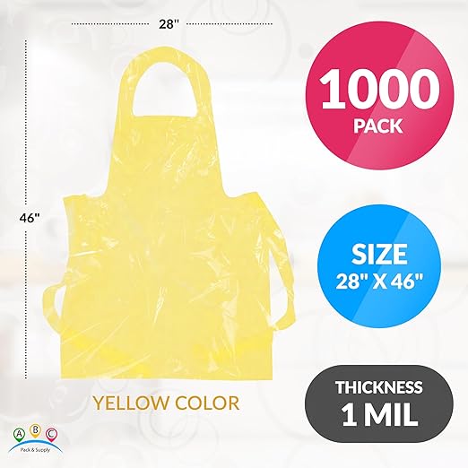 ABC PACK & SUPPLY Yellow Plastic Disposable Aprons Adults for Painting, 28 x 46 Inches. Pack of 1000 Disposable Plastic Aprons, 1 Mil. Unisex Waterproof Polyethylene Painting Apron for Food Industry