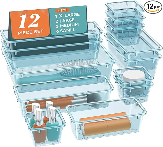 ElegantArray 12 PCS Drawer Organizer Set, Makeup Organizers, Sea Blue | 4 Sizes by Unknown