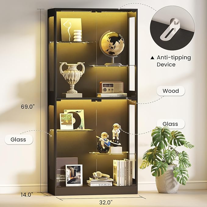 69-Inch Glass Display Cabinet - Curio Cabinet with RGB Lighting, Adjustable Shelves Display Case, for Game Room, Living Room, Bedroom, Black
