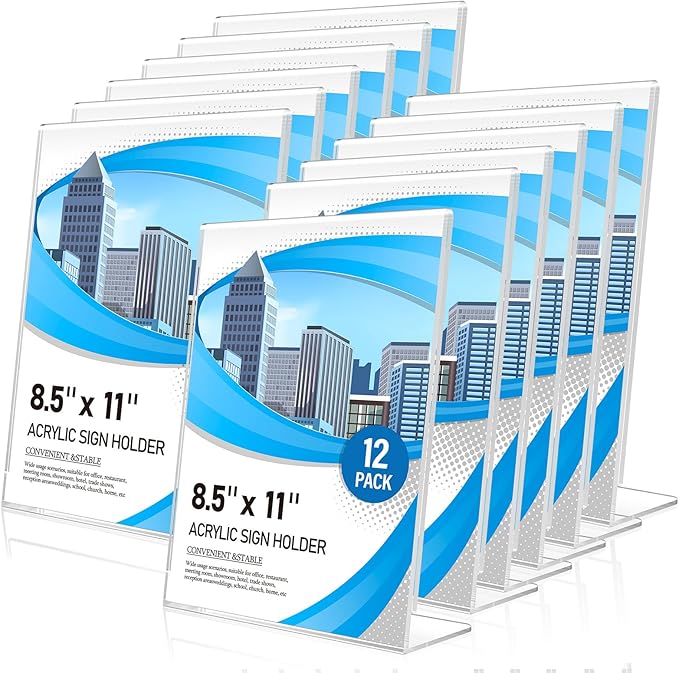 Acrylic Sign Holder 8.5 x 11 12 Pack, Double-Sided Clear Sign Holder Plastic Stands for Display, Table Sign Stands, L Shape Flyer Holder