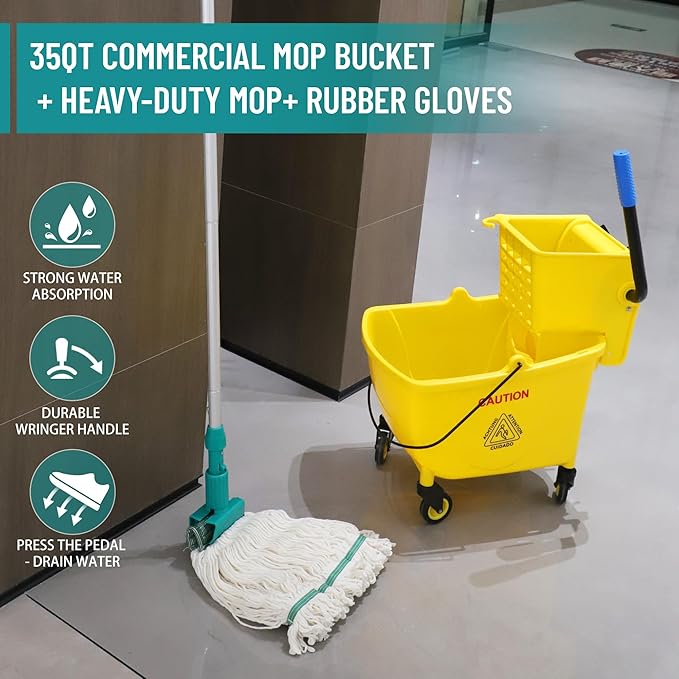 Press Wringer Combo Commercial Rectangular Mop Bucket on Wheels, 35-Quart, Yellow,Add One Commercial Mop and One Set Rubber Gloves