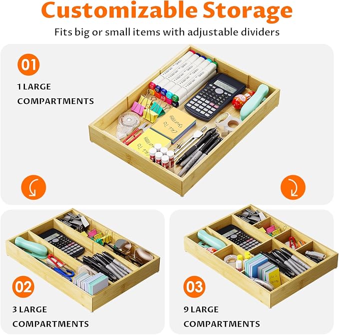 Bamboo Drawer Organizer with 9 Adjustable Compartments, Desk Storage Tray | - Image 3
