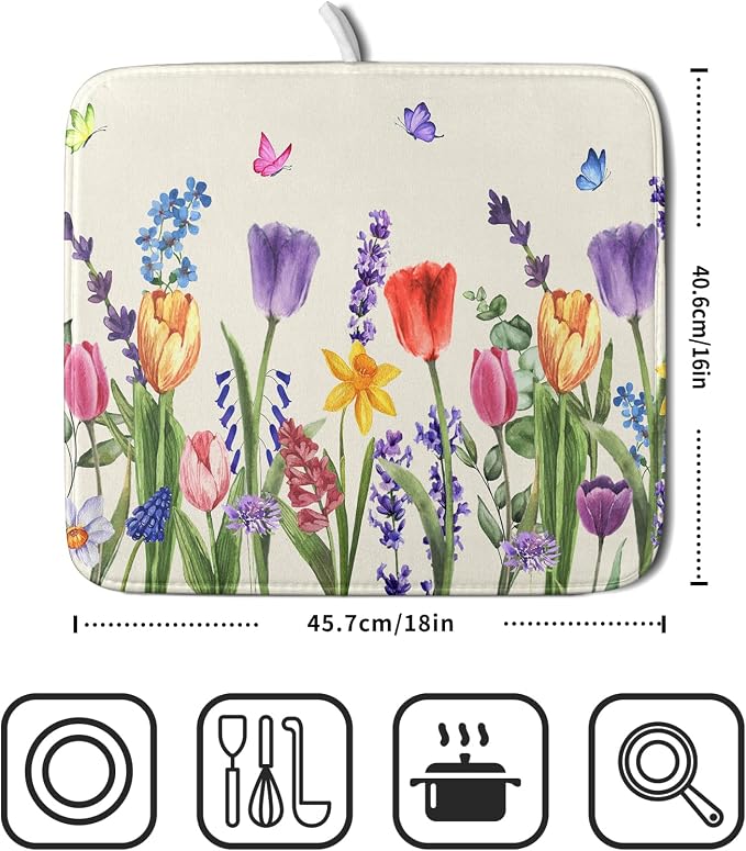 Spring Summer Colorful Flower Dish Drying Mat 16x18 Inch Spring Wildflowers - Image 2