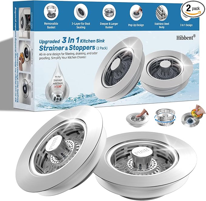 Hibbent 2 PCS Metal Kitchen Sink Drain Strainer & Stopper, Stainless Steel by Hibbent
