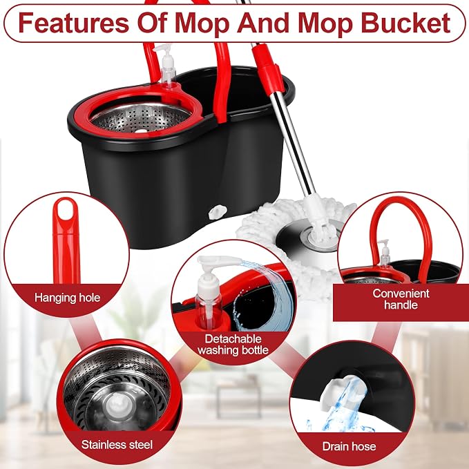 Spin Mop and Bucket with Wringer Set, 3 Microfiber Mop Heads - Image 5