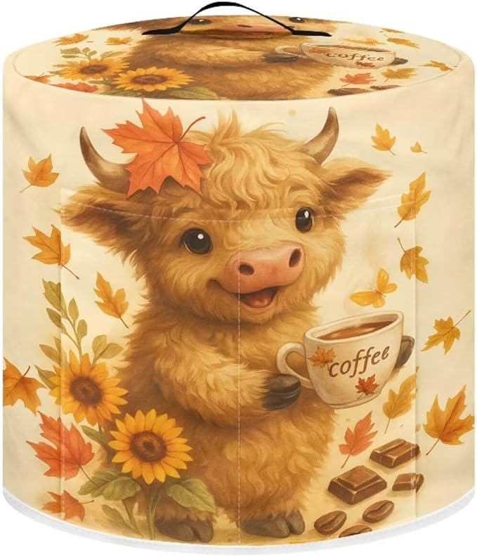Thanksgiving Day Decor Kitchen Appliance 8 Quart Pressure Cooker Air Fryer Rice Cooker Dust Cover with Top Handle and Storage Pocket Maple Leaf Cute Highland Cow