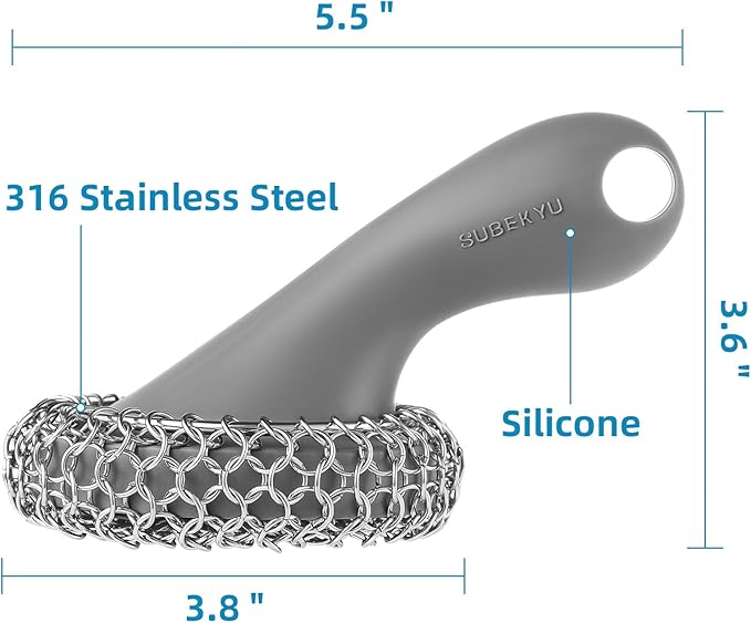 SUBEKYU Cast Iron Scrubber with Silicone Handle, Stainless Steel Cast Iron Skillet Cleaner Chainmail Scrubber for Pans, Grey