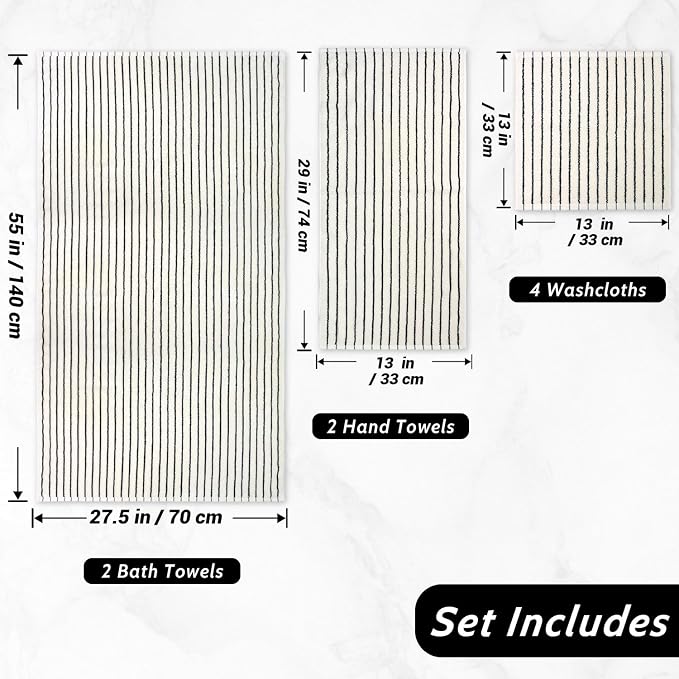 8 Piece Black and Ivory Towel Set, Super Soft & Absorbent Cotton Striped | - Image 4