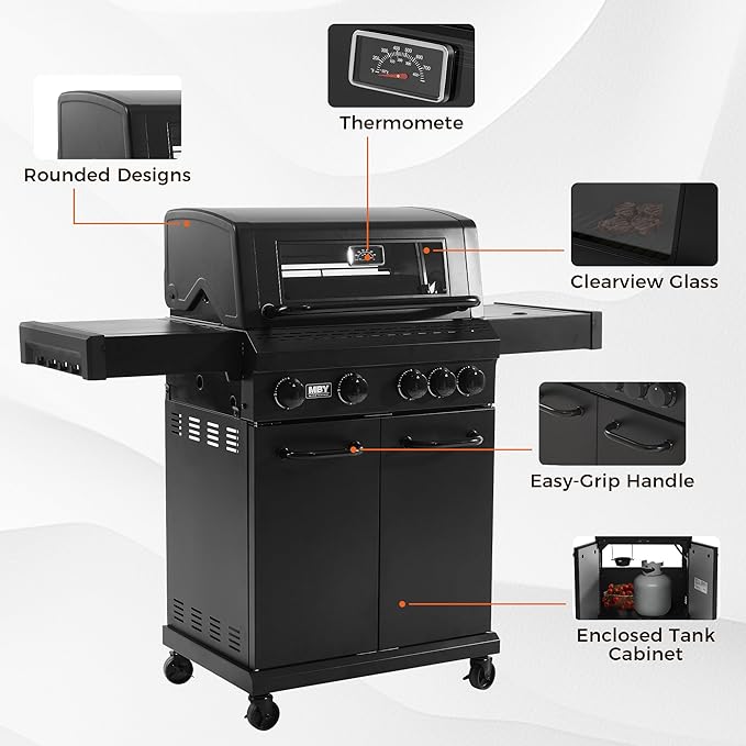 4-Burner Propane Gas Grill, 50,000 BTU Heavy Duty Outdoor BBQ Grill with Side Burner, Cast Iron Cooking Grates & Griddle for Backyard Barbecue