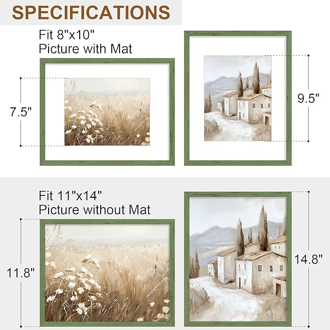 Vittanly 11x14 Picture Frame Set of 2, Solid Wood Frame for Wall Art Photo and Prints, Display Photo 8x10 with Mat or 11x14 without Mat, Rustic Green