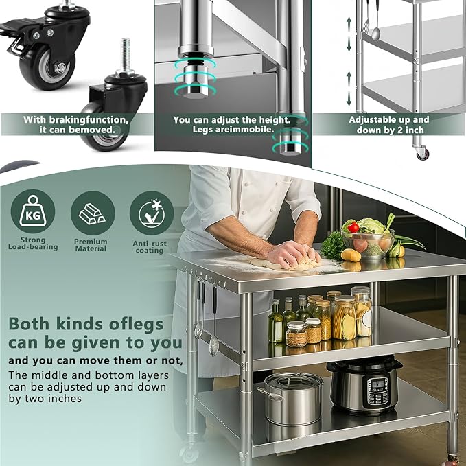 Stainless Steel Table with Wheels for Food Preparation and Work, Multi-Size Optional, Three-Layer Variable Two-Layer Metal Commercial Workbench Outdoor, Restaurant, Kitchen (48" Lx32 Wx34 H)