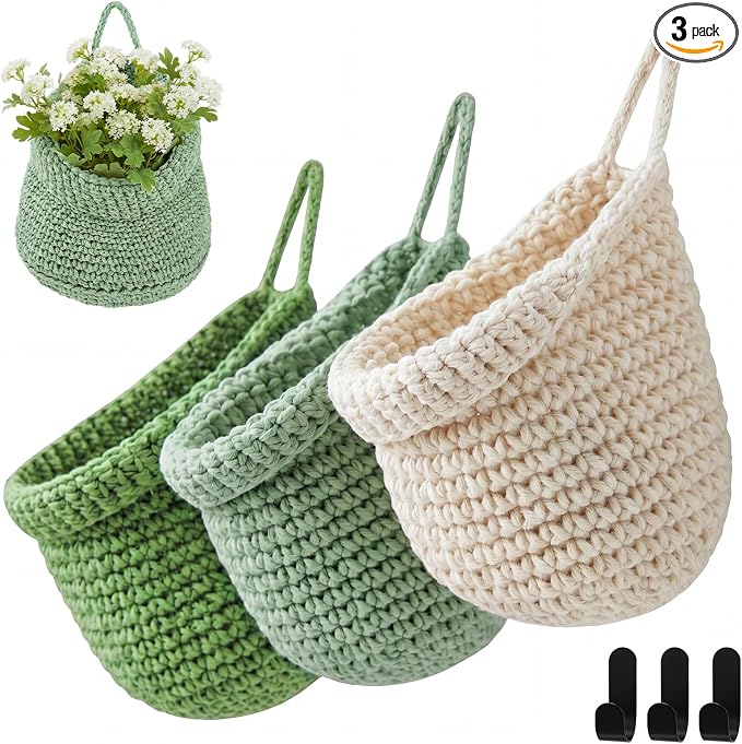Honeydak 3 Hanging Baskets, Sage Color Palette, Cotton Rope by Honeydak