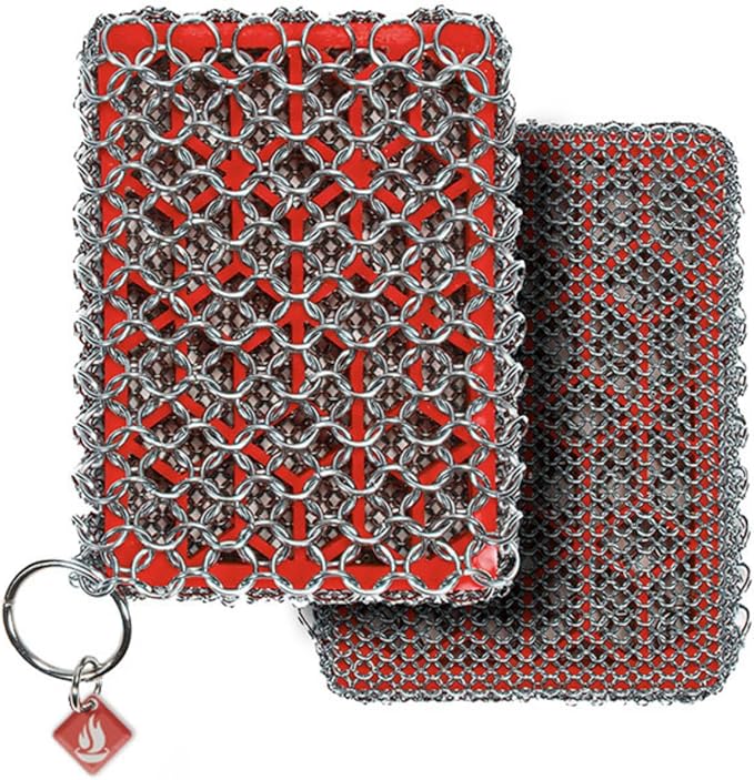 Knapp Made Combo Chainmail Cast Iron Scrubber with Silicone Core - Heavy Duty Rings and Fine Chainmail Rings -Premium Cast Iron Cleaner Chainmail Scrubber -Perfect for Cast Iron Cookware,Skillet,Woks