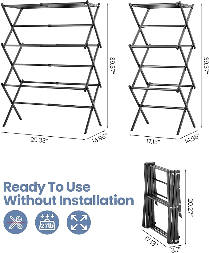 Oversize 3-Tier Clothes Drying Rack, No Install, Non-slip feet, Tool-free Setup - Image 2
