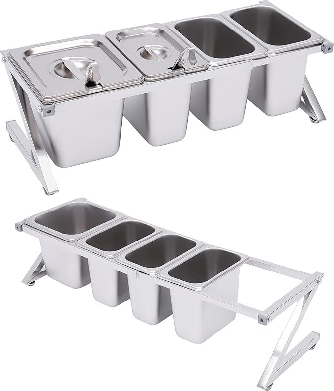 Pizza Topping Station with 4 Pans& Lids, Stainless Steel Food Container Pans Condiment Dispenser Countertop Spice Rack Organizer Shelf Holder for Seasoning Sauce Salad Jam Fruits Ingredients