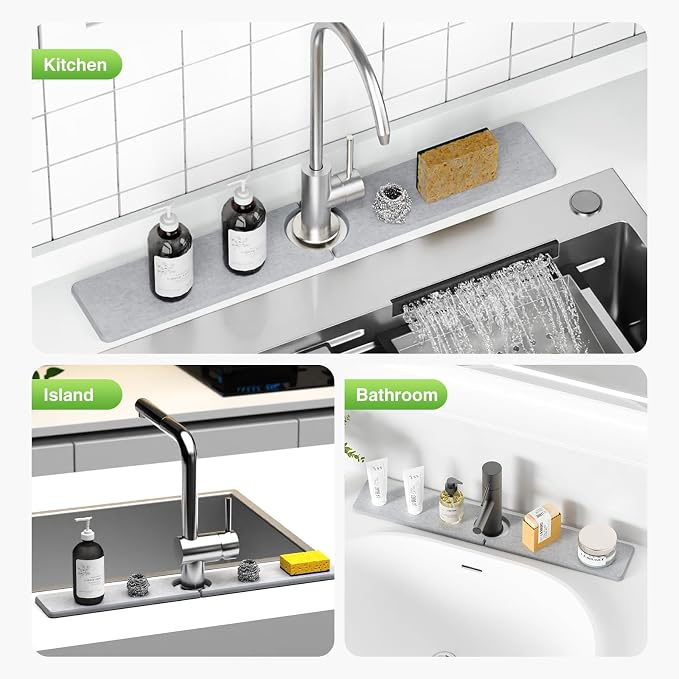 Premium Stone Faucet Mat for Kitchen Sink, 23.6" x 4" Light Gray | Quick Drying - Image 8