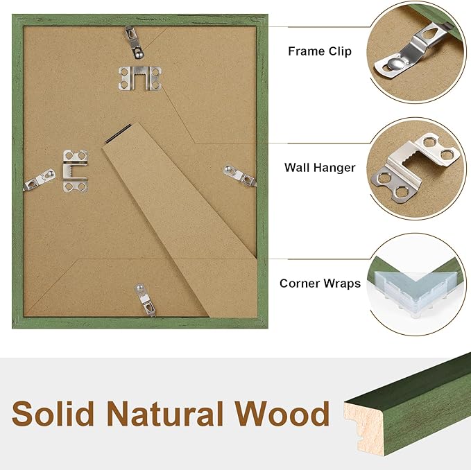 Vittanly 8x10 Picture Frame Set of 2, Solid Wood Frame for Wall or Tabletop, Display Photo 5x7 with Mat or 8x10 without Mat, Rustic Green