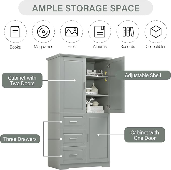 62.2" Wide Storage Cabinet Pantry Cupboard with Doors and Drawers for Home Kitchen, Bathroom and Living Room, Adjustable Shelf, White